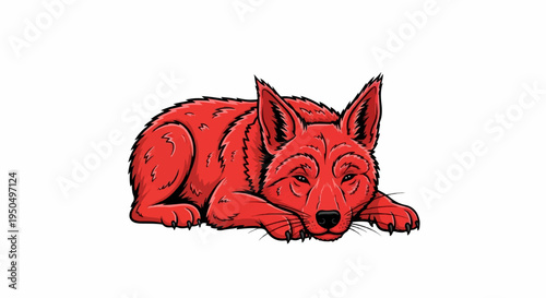 A cartoonish red fox-like creature rests its head on its paws