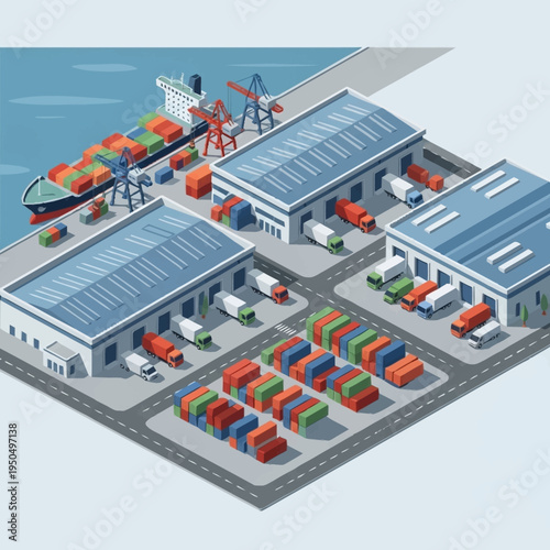 Isometric View of a Modern Logistics and Distribution Warehouse Complex.