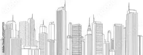 A detailed line drawing of a cityscape with varying heights and styles of buildings