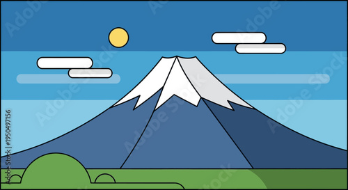 Iconic Mount Fuji Landscape Illustration with Sun and Clouds