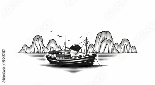 A fishing boat sails past karst mountains at sunset, with birds in flight