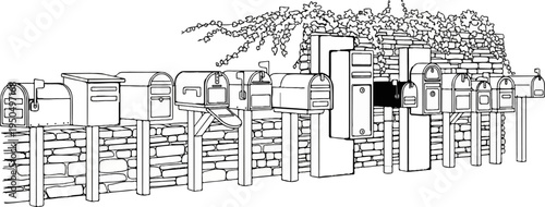 A row of different mailboxes stands along a stone wall under a leafy branch