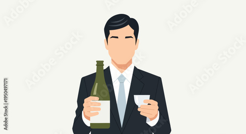 Japanese businessman holding sake bottle and cup, ready to serve