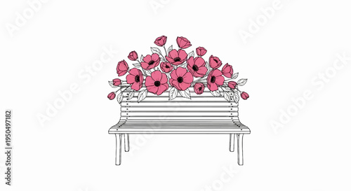 A simple drawing of a wooden bench adorned with a vibrant bouquet of pink flowers