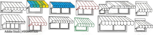 A collection of awnings over windows, some in color