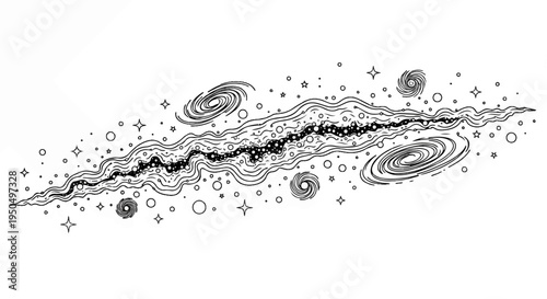 Abstract representation of a galaxy with swirling forms and scattered celestial bodies