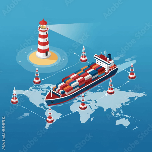 Container Ship Navigating Through Maritime Shipping Lanes.