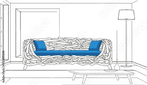 Artistic sofa with blue cushions in a line drawing of a living room setting