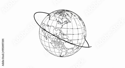 Black line orbits sketched globe depicting continents