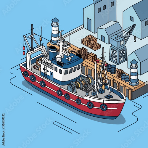 Detailed Isometric Fishing Boat Illustration docked at a pier.