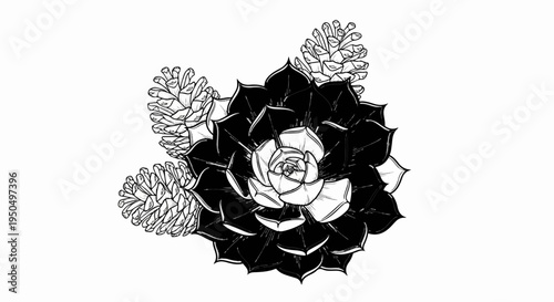 Black succulent plant with two pine cones, black and white drawing