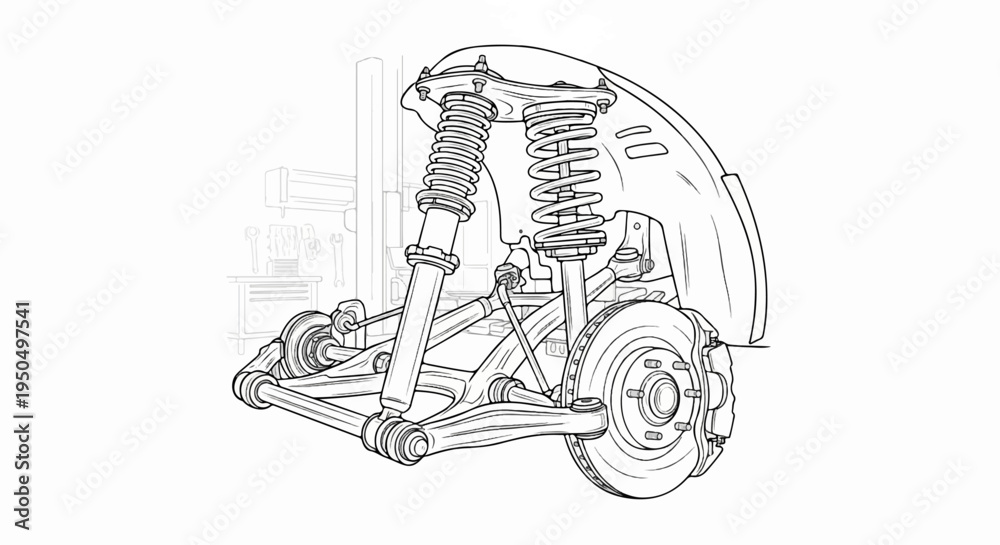 Obraz premium Detailed schematic drawing of a complex vehicle suspension system with tools