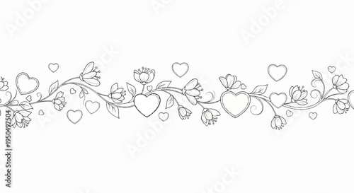 Delicate floral vine with heart shapes and blooming flowers in monochrome sketch