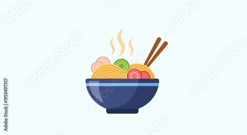 Steaming Bowl of Ramen Noodles with Chopsticks, Delicious Japanese Food Illustration