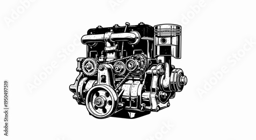 Detailed illustration of a complex internal combustion engine with gears and pistons