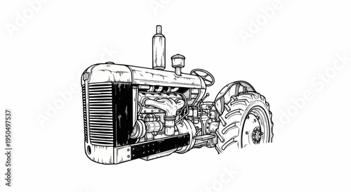 Detailed black and white sketch of an old farm tractor, engine visible