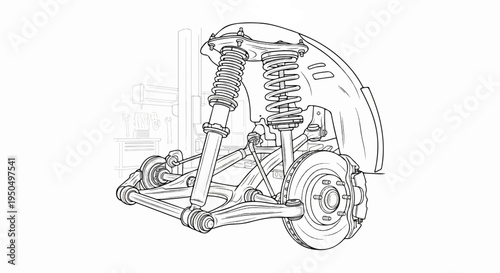 Detailed schematic drawing of a complex vehicle suspension system with tools