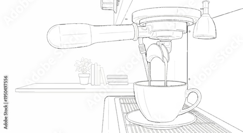 Espresso machine brewing a cup of coffee, line drawing sketch