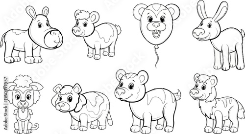 Eight cute cartoon animals, including a dog, bears, a donkey, a sheep and a hyena