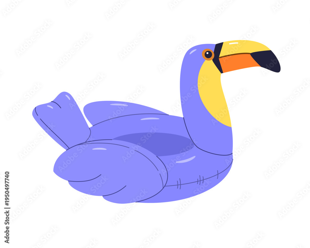 Obraz premium Cute purple inflatable toucan pool float vector illustration in flat style for summer beach party. Bright children's swimming ring for swimming at sea.