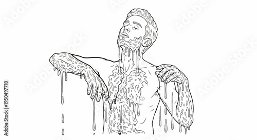 Man's torso and face covered in dripping slime, white background