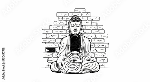 Meditating Buddha statue against a cracked brick wall