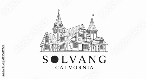 Ornate building with spires and timber framing, set against white