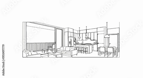 Open concept living and kitchen area with modern furniture and balcony access