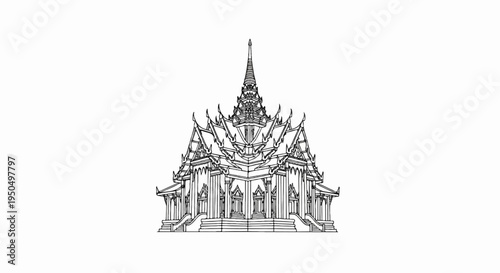 Ornate, tiered temple structure with intricate rooflines and spires
