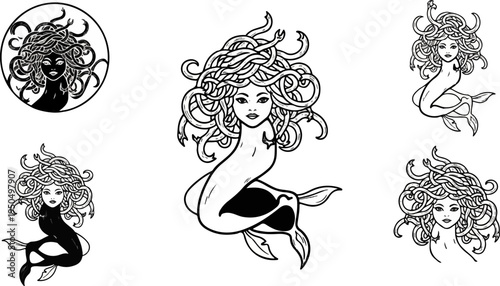 Stylized illustrations of mythical figures with serpentine hair and aquatic tails