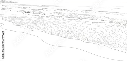 Stylized line drawing of waves breaking on a sandy shore under a hazy horizon