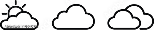 Simple black outline vector graphic illustration set displaying three distinct weather conditions featuring sunshine partly hidden by a cloud and two variations of cloudy forecasts design elements.