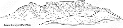 Stylized sketch of a majestic mountain range with flat-topped peaks and varied terrain