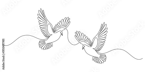 Couple of dove flying together line art style vector illustration