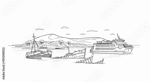 Vintage ships drift amidst sunken wreckage and modern ferry on the sea