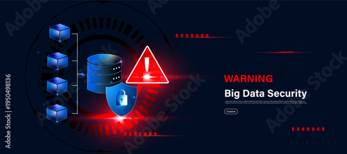 Big data protection alert concept with warning sign and database shield icon. Cybersecurity technology for protecting large information systems, privacy safety and secure data networks.