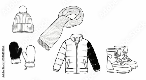 Winter clothing essentials puffer jacket, scarf, hat, mittens, and boots