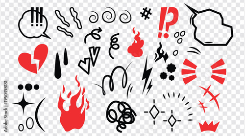 A vibrant collection of graphic elements and comicstyle symbols including flames hearts exclamation marks speech bubbles and abstract shapes isolated on transparent background