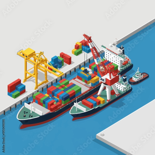 Container Ships Docked at Port with Cranes and Tugboat.