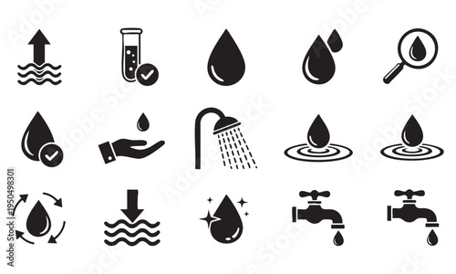 Collection of various water drop and water related all icons, dropping water from tab and hand icons in black and white for design use