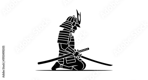 Samurai Warrior Kneeling in Contemplation with Swords