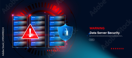 Data server security alert concept with warning sign and shield server icon. Cybersecurity technology for protecting server systems, network safety and secure digital data infrastructure.