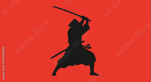 Silhouette of a Samurai Warrior in Action with Katana Sword on Red Background