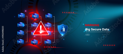 Big data protection alert concept with warning sign and database shield icon. 