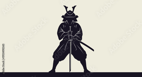 Silhouette of a Samurai Warrior in Traditional Armor Holding a Katana Sword