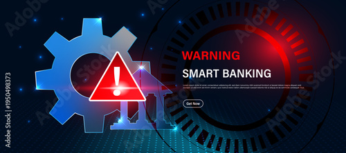 Smart banking alert concept with warning sign and digital bank security icon. Modern financial technology system for secure online banking, transaction monitoring and digital finance protection.