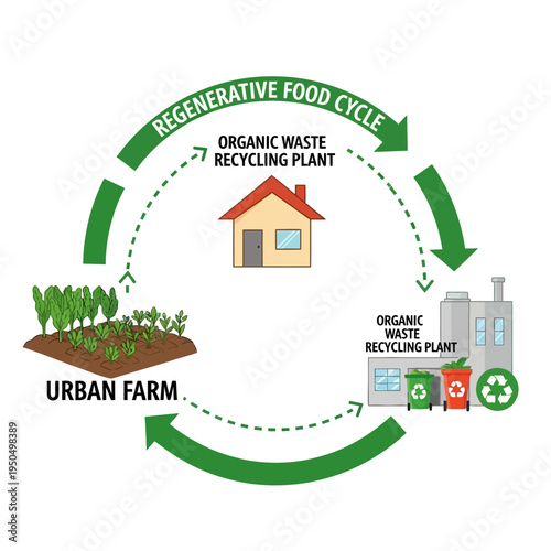 Diagram illustrating the regenerative food cycle, showing the interconnectedness of urban farms, organic waste recycling plants, and the return of recycled materials to the farm.