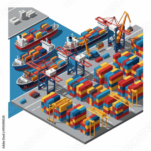 Isometric Port Scene with Cargo Ships and Cranes.