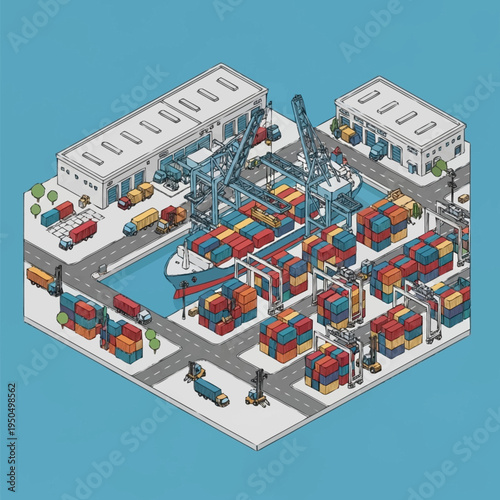 Isometric Container Port Logistics and Shipping Operations.