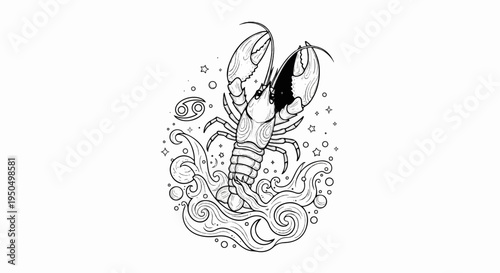 A striking black and white illustration of a crab emerging from swirling water